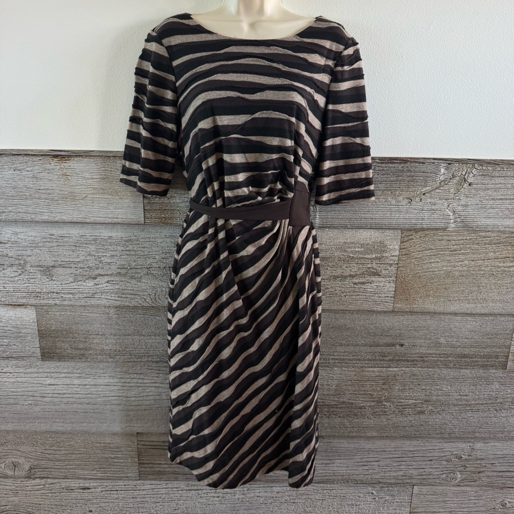 Connected Sz 12 Gray Tone Knit Pencil Dress Self Sash Elbow Sleeves Pullover